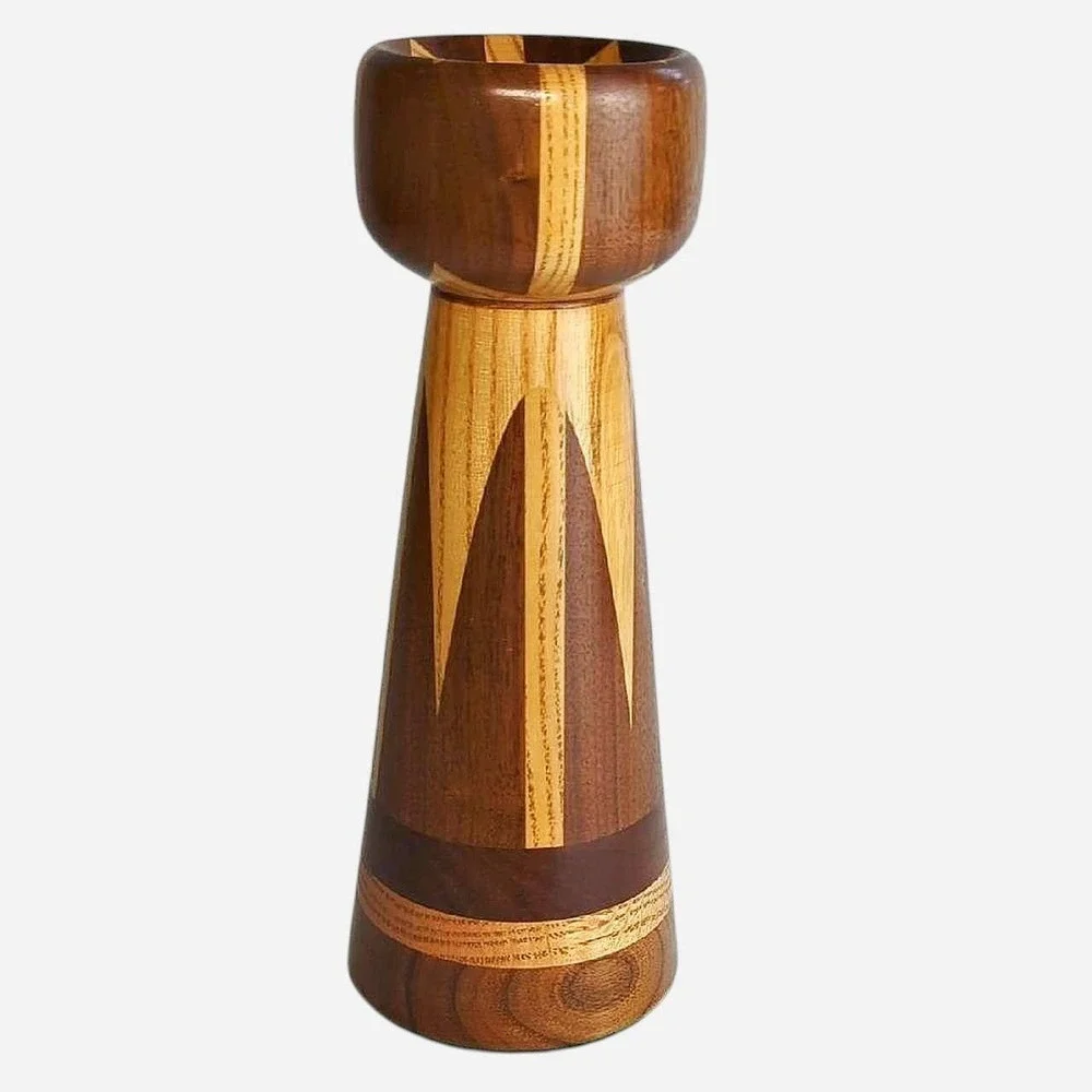 Vintage 1970s Hand Turned Multi-Wood Inlay Candlestick Taper Holder 10 Inch